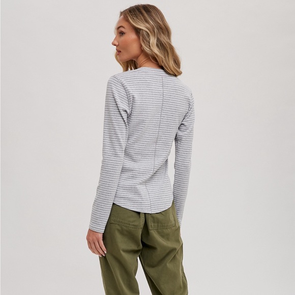 Striped Long Sleeve Henley Knit Top with Buttons - Picture 2 of 2